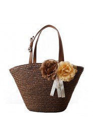 Women Summer Solid Color Beige Woven Bag Handbag Straw Bag Beach Bag