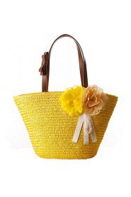 Women Summer Solid Color Beige Woven Bag Handbag Straw Bag Beach Bag