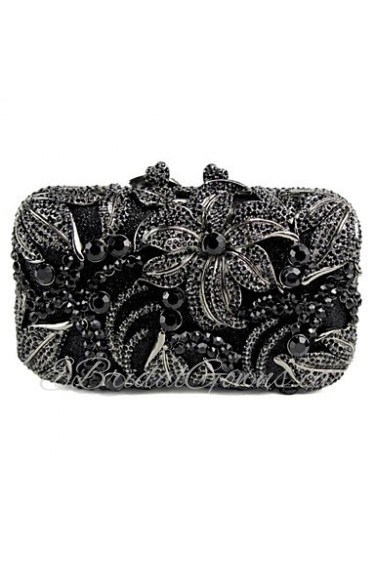 Women's Flower Design Black Rhinestone Evening Dinner Bag