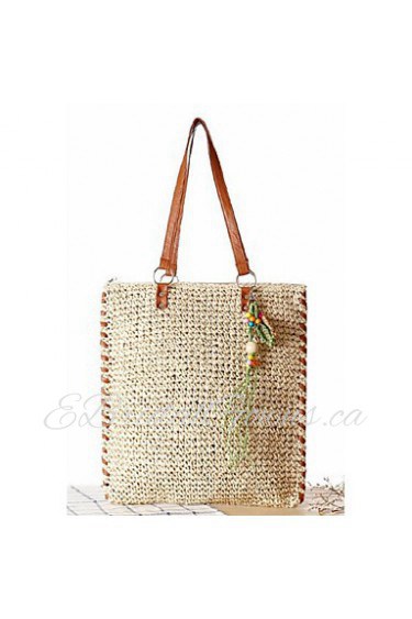 Women Straw Shopper Tote Beige / Green / Brown