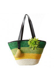 Fashion Woman Bag Striped Natural Straw Bags Woven Straw Shoulder Bag Handbag Lady Tourist Beach Bag