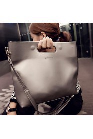 Women PU Shopper Shoulder Bag/Tote Silver/Black