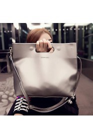 Women PU Shopper Shoulder Bag/Tote Silver/Black