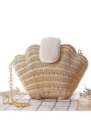 Women Straw Shell Shoulder Bag Beige