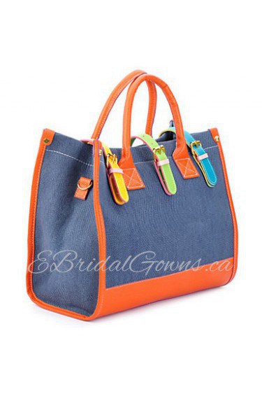 Fashion canvas + PU shoulder / hand bag (177,034) Orange + Dark Blue