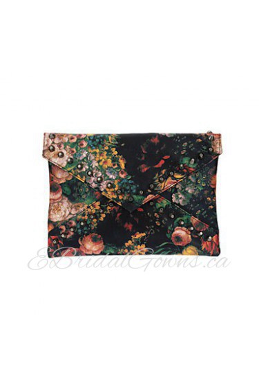 Women PU Leather Floral Print Rivet Envelope Clutch Bag Messenger Bag