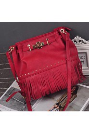 Women PU Barrel Shoulder Bag Red / Black