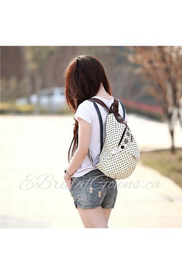 Women's Contrast Polka Dot Button Decoration Canvas Backpack