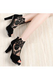 Women's Shoes Synthetic / Tulle Chunky Heel Heels / Peep Toe Sandals Office & Career/Party & Evening /Casual Black/Red