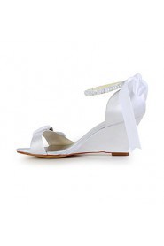 Graceful Satin Wedge Heel Sandals with Bowknot and Imitation Pearl Wedding Shoes(More Colors)