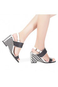 Women's Houndstooth Wedge Heel Leather Sandals (black and white)