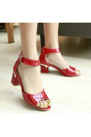 Women's Shoes Patent Leather Chunky Heel Peep Toe/Ankle Strap/Sandals Dress/Black/Blue/Red