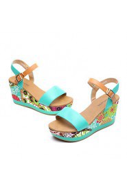 Women's Boho Wedge Heel Leather Sandals (green) - 342823002