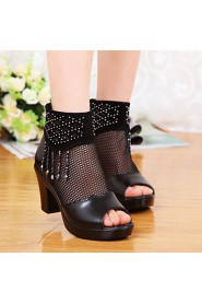 Women's Shoes Patent Leather/Tulle Chunky Heel Peep Toe Drill Sandals Casual Black