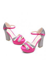 Women's Crossover Chunky Heel Sheepskin Sandals (fuchsia) - 132811006