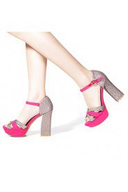 Women's Crossover Chunky Heel Sheepskin Sandals (fuchsia) - 132811006