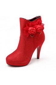 Satin Women's Wedding Stiletto Heel Platform Ankle Fashion Boots with Flowers(More Colors)