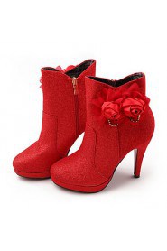 Satin Women's Wedding Stiletto Heel Platform Ankle Fashion Boots with Flowers(More Colors)