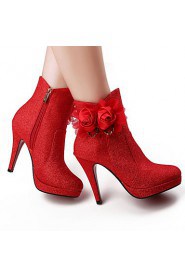 Satin Women's Wedding Stiletto Heel Platform Ankle Fashion Boots with Flowers(More Colors)