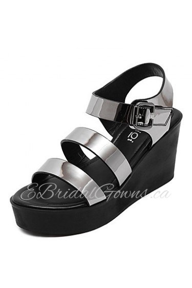 Women's Shoes Patent Leather Wedge Heel Open Toe Sandals Dress Silver