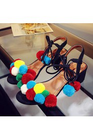 Women's Shoes Fleece Chunky Heel Pom-pom / Gladiator Sandals Party & Evening / Dress / Casual Black / Blue / Pink / Red