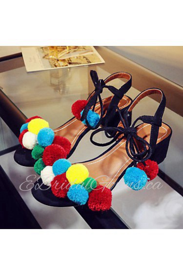 Women's Shoes Fleece Chunky Heel Pom-pom / Gladiator Sandals Party & Evening / Dress / Casual Black / Blue / Pink / Red