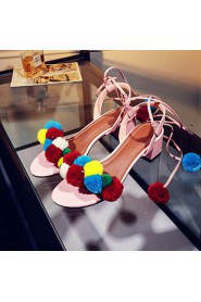 Women's Shoes Fleece Chunky Heel Pom-pom / Gladiator Sandals Party & Evening / Dress / Casual Black / Blue / Pink / Red