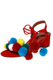 Women's Shoes Fleece Chunky Heel Pom-pom / Gladiator Sandals Party & Evening / Dress / Casual Black / Blue / Pink / Red