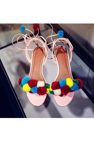 Women's Shoes Fleece Chunky Heel Pom-pom / Gladiator Sandals Party & Evening / Dress / Casual Black / Blue / Pink / Red