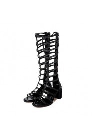 Women's Shoes Leather Chunky Heel Heels / Gladiator Sandals Dress / Casual Black / Almond(Genuine leather)