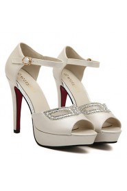 Women's Crystal Peep Toe Platform Stiletto Heel Shoe /White / Almond