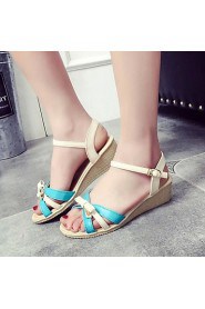 Women's Shoes Leatherette Wedge Heel Peep Toe / Round Toe Sandals Outdoor / Casual Blue / Beige