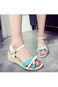 Women's Shoes Leatherette Wedge Heel Peep Toe / Round Toe Sandals Outdoor / Casual Blue / Beige