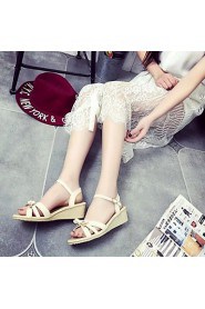 Women's Shoes Leatherette Wedge Heel Peep Toe / Round Toe Sandals Outdoor / Casual Blue / Beige