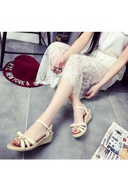 Women's Shoes Leatherette Wedge Heel Peep Toe / Round Toe Sandals Outdoor / Casual Blue / Beige