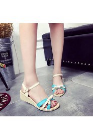 Women's Shoes Leatherette Wedge Heel Peep Toe / Round Toe Sandals Outdoor / Casual Blue / Beige