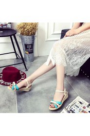 Women's Shoes Leatherette Wedge Heel Peep Toe / Round Toe Sandals Outdoor / Casual Blue / Beige