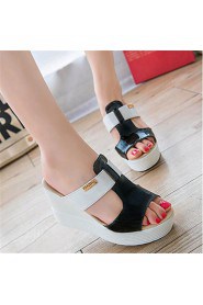 Women's Shoes Leatherette Wedge Heel Wedges / Heels Sandals / Slippers Outdoor / Casual Black / White