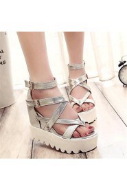 Women's Shoes Leatherette Wedge Heel Wedges Sandals Outdoor / Casual Black / Silver / Gold