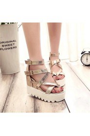 Women's Shoes Leatherette Wedge Heel Wedges Sandals Outdoor / Casual Black / Silver / Gold