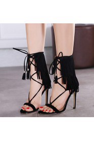 Women's Shoes Leather / Cashmere Stiletto Heel Heels / Open Toe Sandals Party & Evening / Dress Black / Brown / Almond