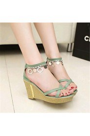 Women's Shoes Leatherette Wedge Heel Wedges Sandals Outdoor / Casual Green / Beige