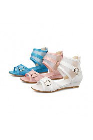 Women's Shoes Tulle / Leatherette Wedge Heel Peep Toe / Fashion Boots Sandals Dress / Casual Blue / Pink / White