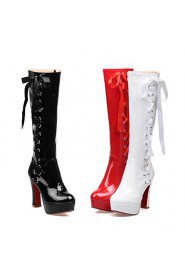 Women's Shoes Patent Leather Chunky Heel Platform / Fashion Boots / Round Toe Boots Dress / Casual Black / Red / White