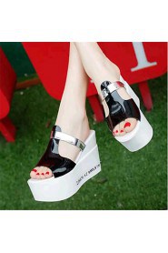 Women's Shoes Leatherette Wedge Heel Wedges / Slippers Sandals Casual Black / Blue / White