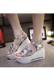 Women's Shoes Campagus Buckle Band Casual Wedge Heel Comfort Sandals Dress White / Silver