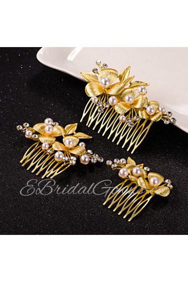 3pcs Leaf Flower Shape Crystal Pearl Hair Combs Jewelry for Wedding Party (Set of 3)