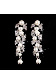 Vintage Party Wedding Princess Birde Crown Rhinestone Crystal Pearl Long Silver Earring