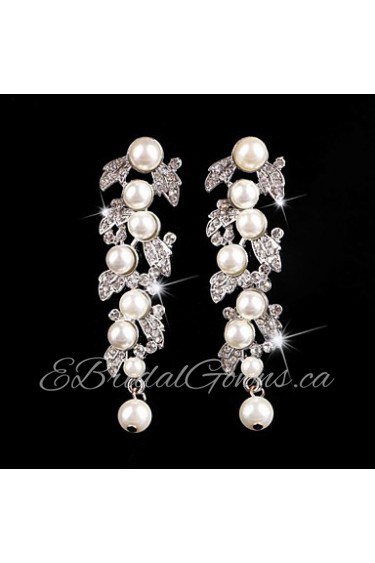 Vintage Party Wedding Princess Birde Crown Rhinestone Crystal Pearl Long Silver Earring