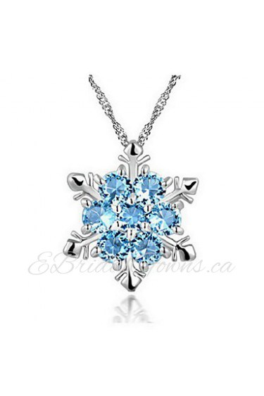 Real 925 Sterling Silver Blue Snowflake Pendant Long Chain Stars Collar Necklace Rhinestone Christmas Festival Jewelry